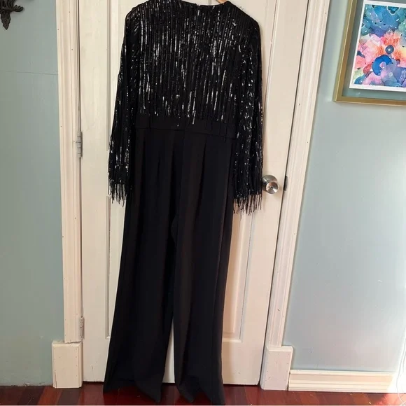 Eliza J Sequin Fringe Long Sleeve Jumpsuit Black 8 Evening Black Tie - Picture 12 of 14